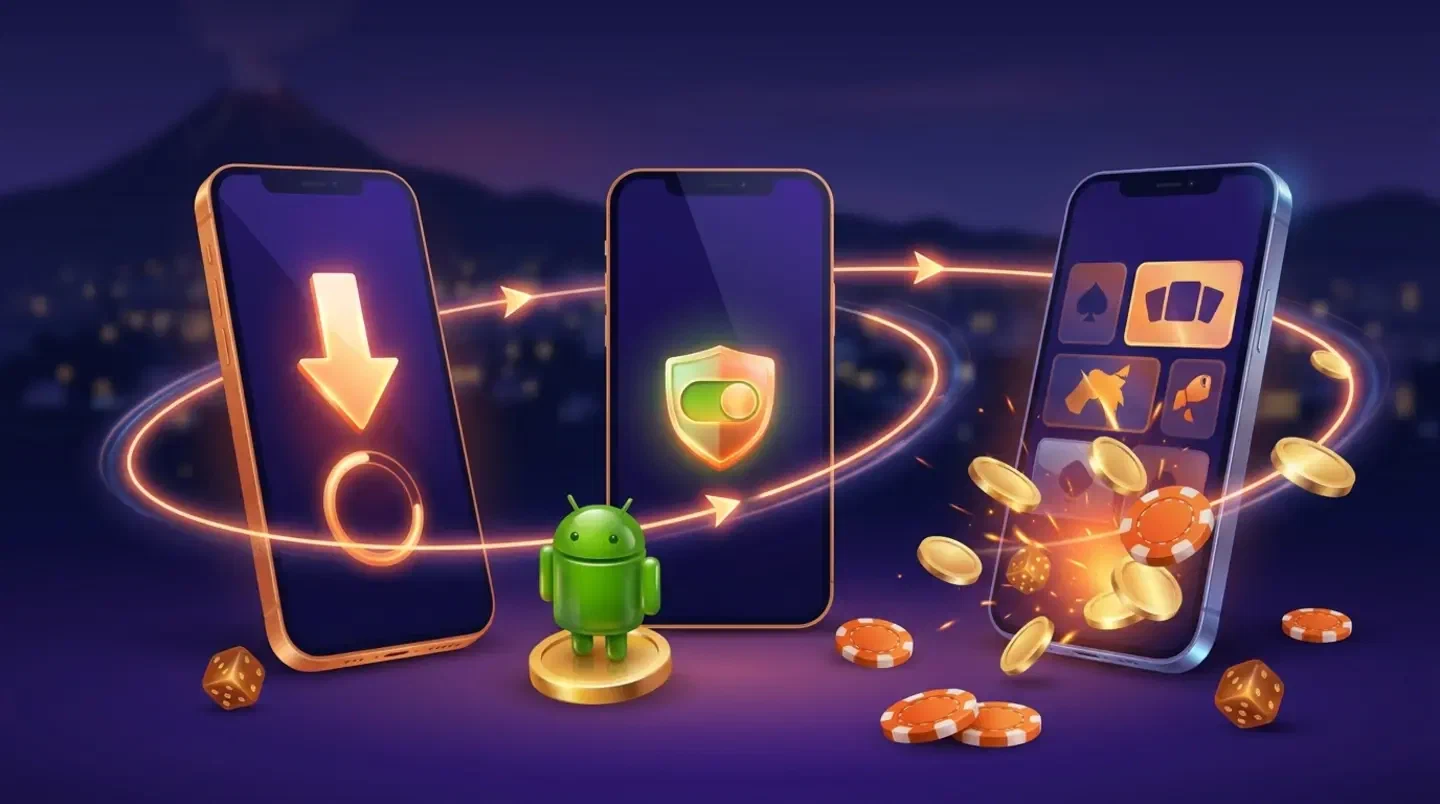 Drei Smartphones zeigen die Schritte Download, Freigabe der Installation und geöffnete App