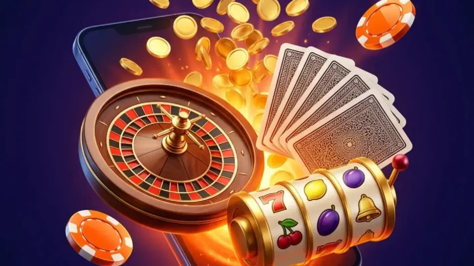 Smartphone, aus dessen Bildschirm Roulette, Spielkarten, Walzen und Münzen ragen
