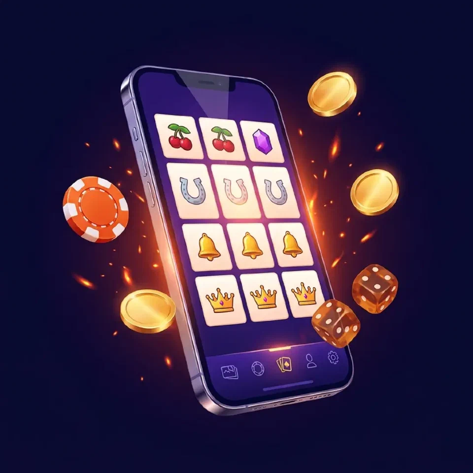 Smartphone mit Spielkacheln, Jetons, Münzen und Würfeln als Symbolbild für die Vulkan Vegas App