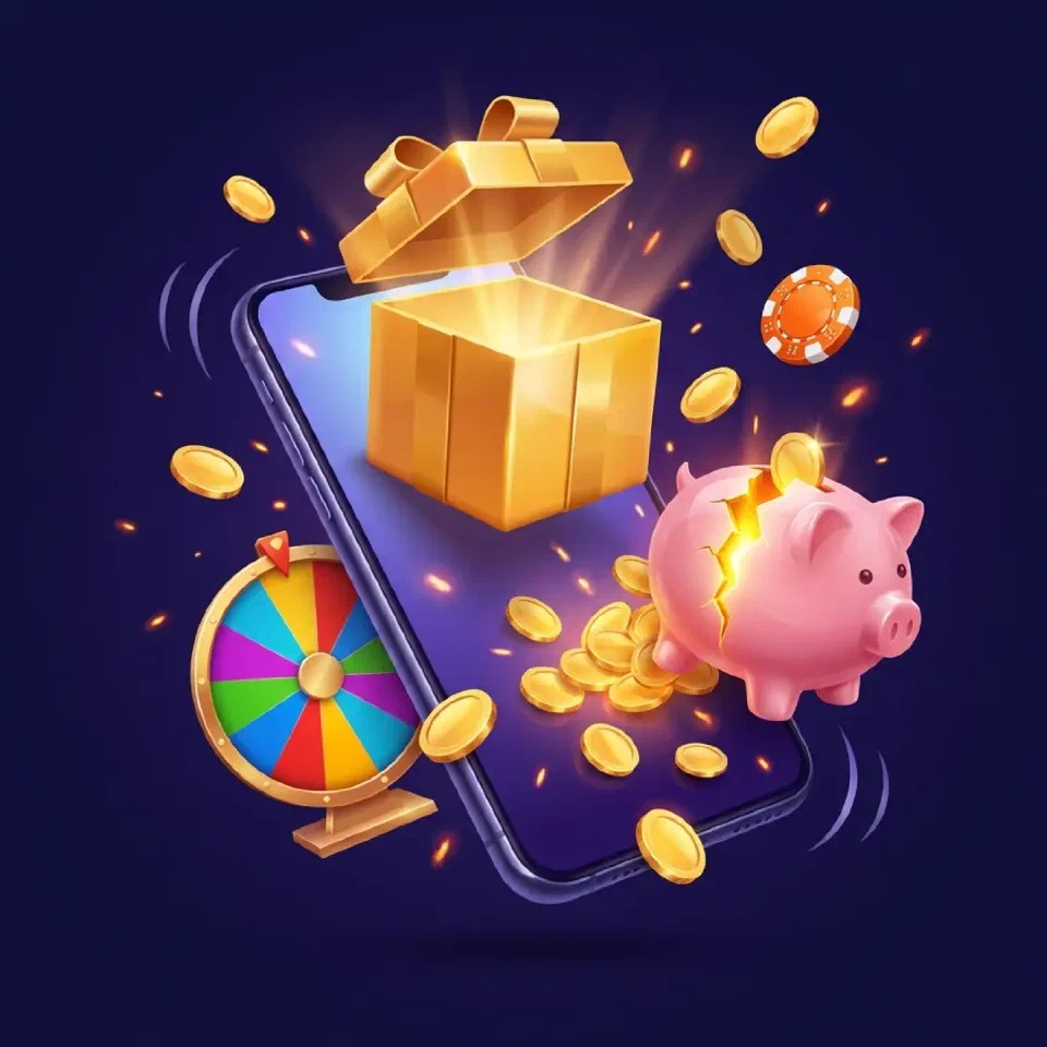 Smartphone mit Geschenkbox, Sparschwein und Münzen als Symbolbild für App-Boni