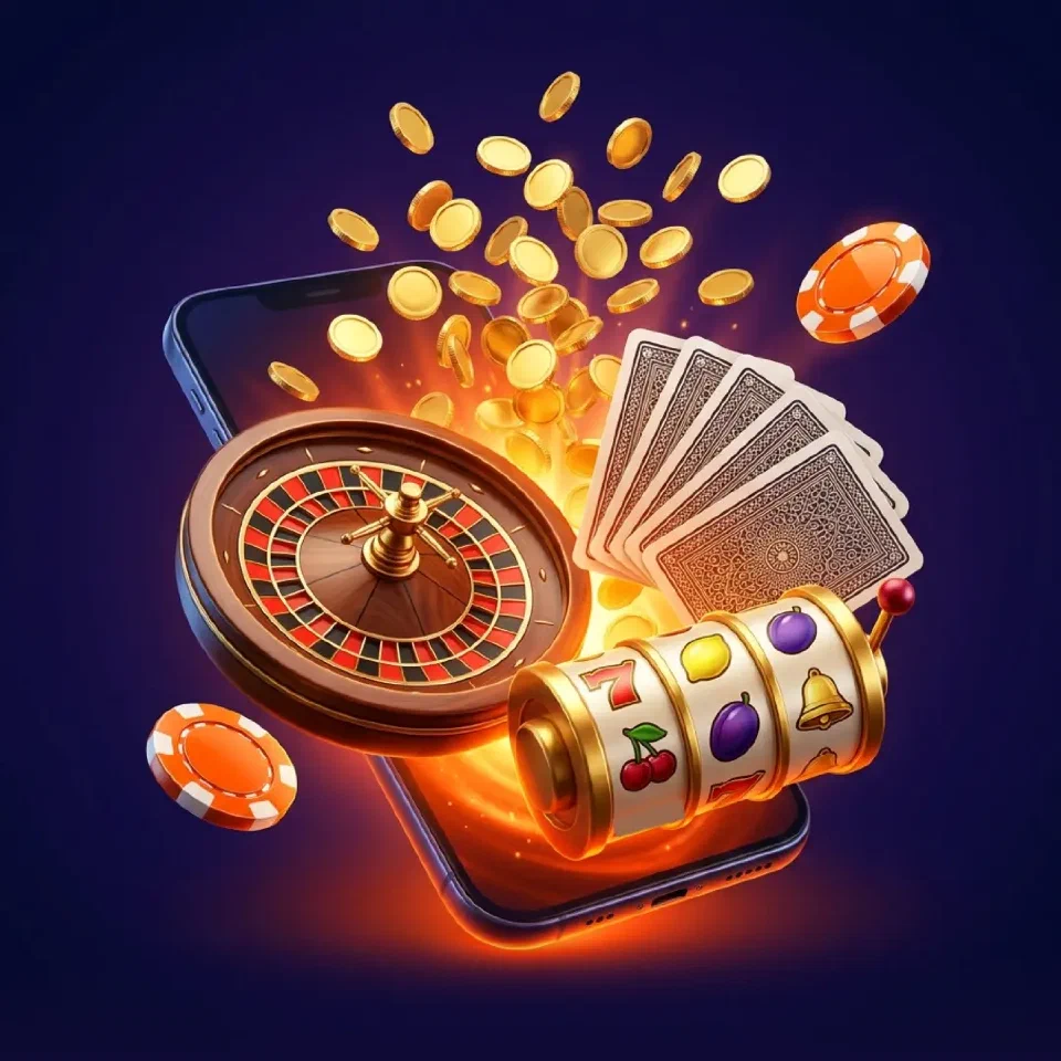 Smartphone, aus dem Roulette, Karten und Walzen mit Fruchtsymbolen ragen