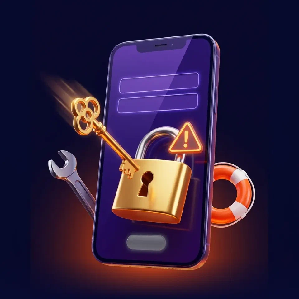 Smartphone mit gesperrtem Schloss, Schlüssel und Werkzeug als Symbolbild für Login-Hilfe