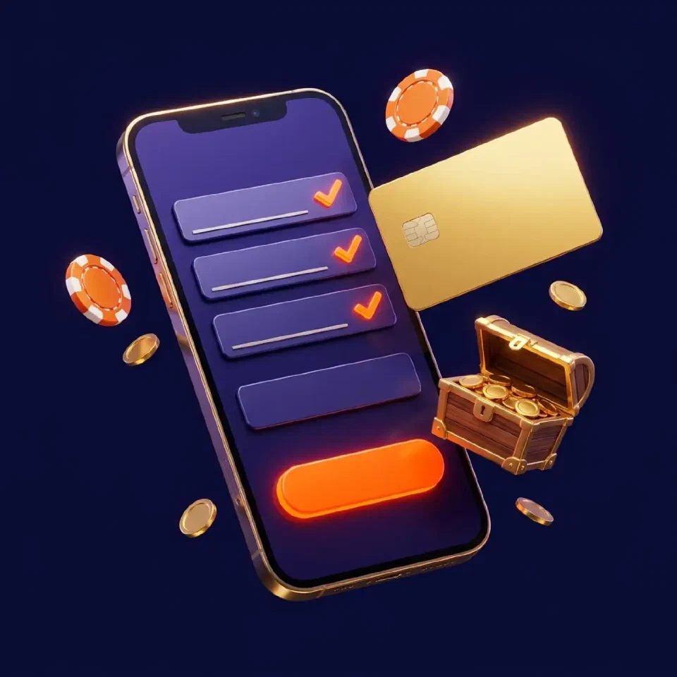 Smartphone mit Formularfeldern, Häkchen und goldener Karte als Symbolbild für die Registrierung